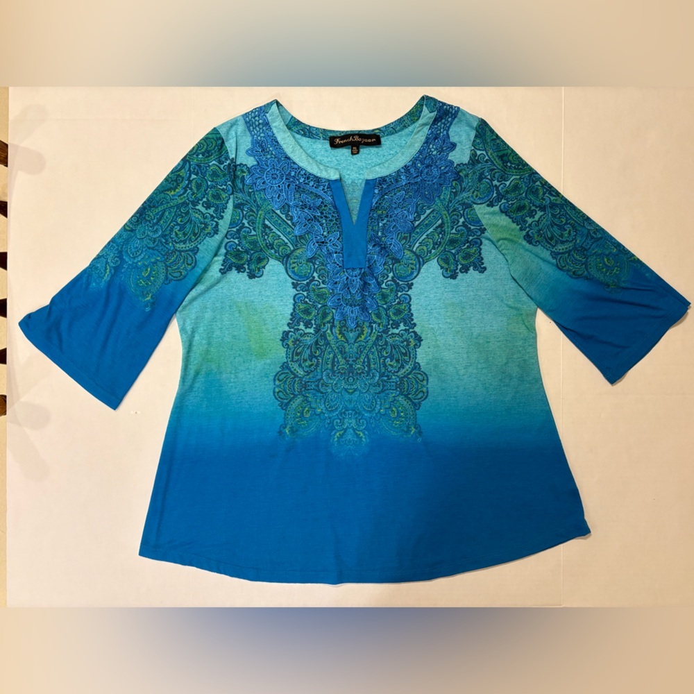 French Bazaar green & blue paisley print 3/4 bell sleeve blouse lace accent XXL